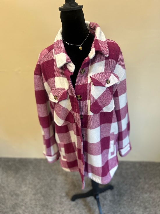 Member's Mark Tops - Plaid Pea Coat shacket Jacket in Pink & White Size L Perfect Condition